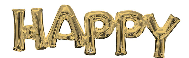 30" Wide Airfill Only Block Phrase " HAPPY" White Gold Foil Balloon
