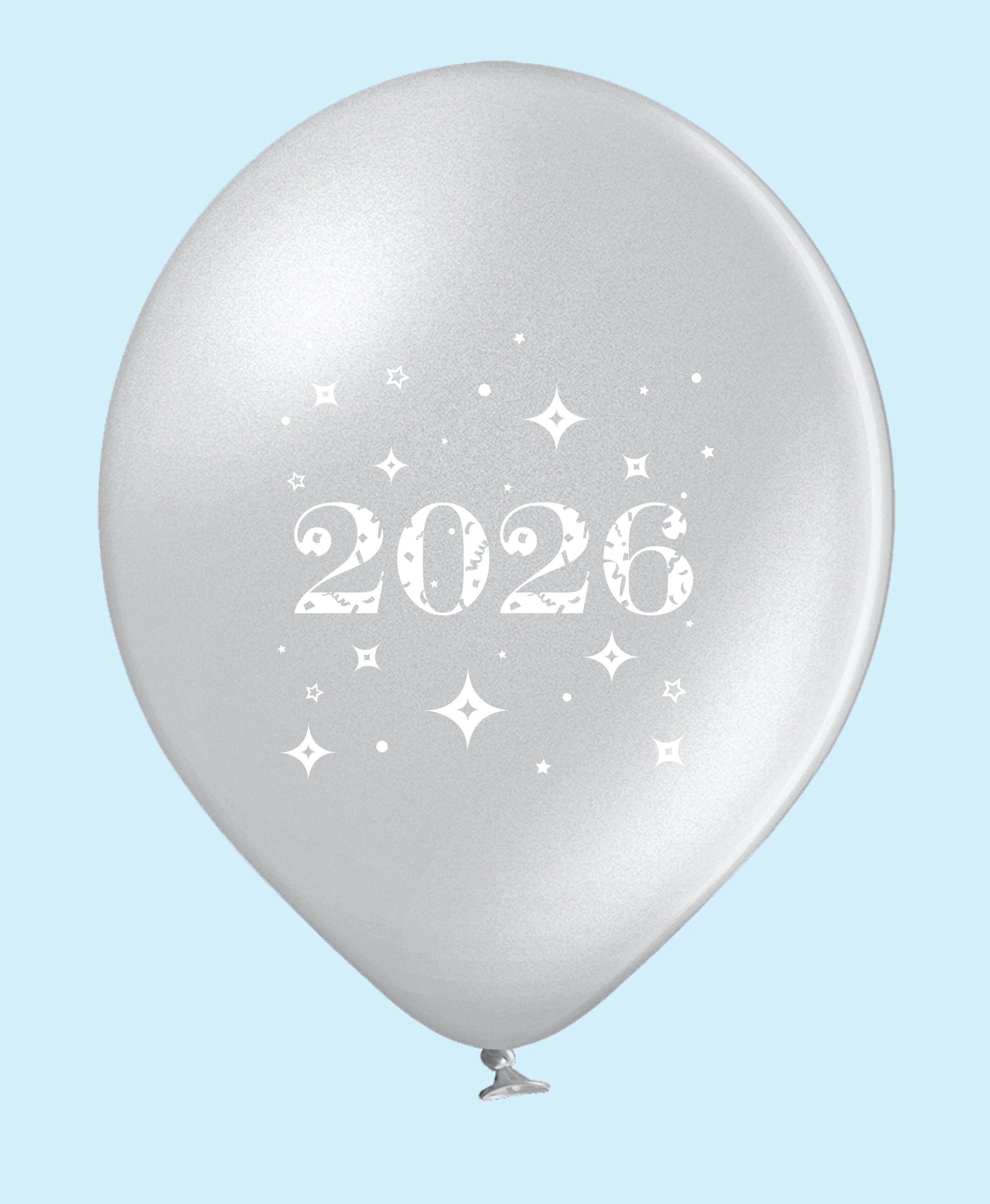 11" Year 2026 Stars Printed Latex Balloons Silver (25 Per Bag)
