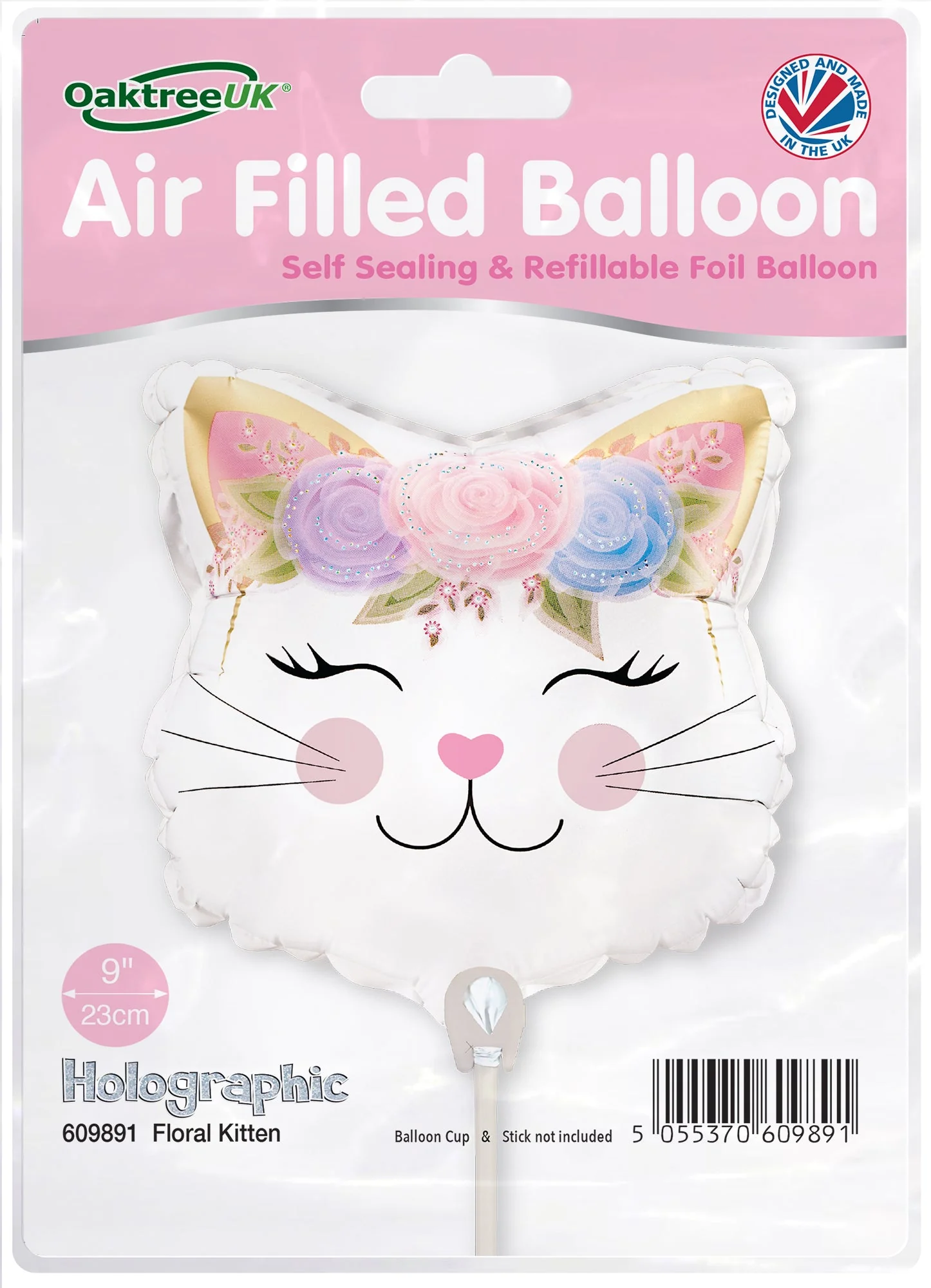9" Mini Airfill Only (Sticks Sold Separately) Floral Kitten Holographic (For Air) Packaged Oaktree Brand Mylar/Foil Balloon